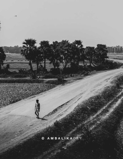 Person walking along a winding rural road through agricultural fields in Birbhum, West Bengal