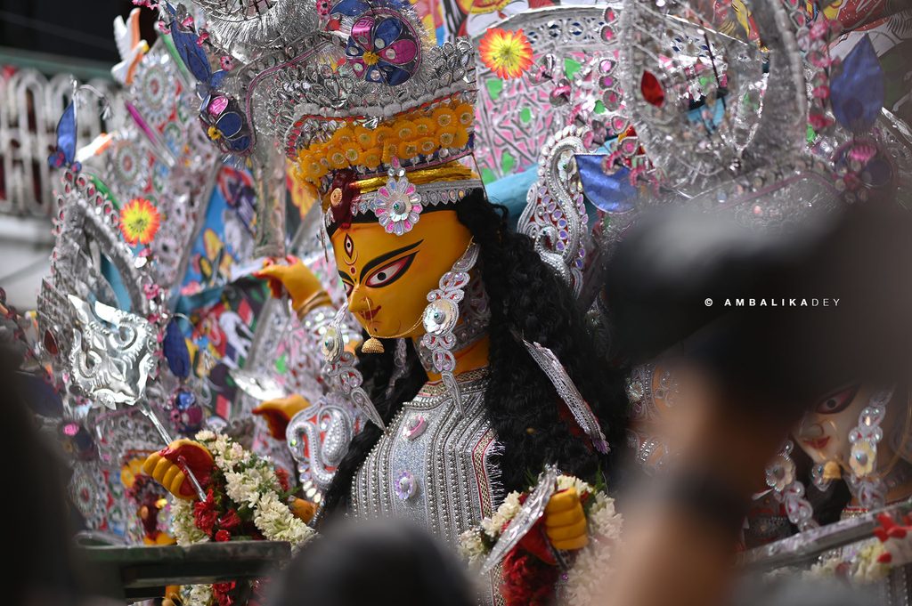 Close-up of the Durga idol of Shobha Bajar Rajbari's Chhoto Taraf during Vijaya Dashami before immersion.